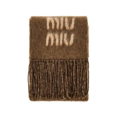 Miu Miu Hair-blend Scarf With Jacquard Logo In Brown