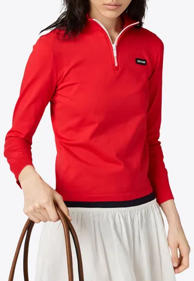 Miu Miu Half-zip Knitted Sweater In Red
