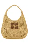 Miu Miu Raffia Top Handle Woven Texture Bag In Neutral
