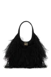 Miu Miu Feather-detail Satin Handbag In Black