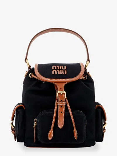 Miu Miu Hemp And Leather Backpack In Black