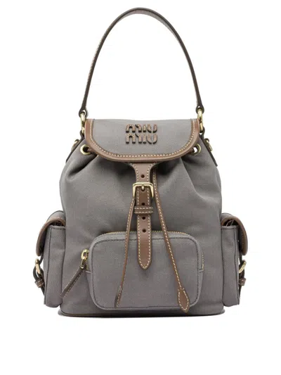 Miu Miu Hemp And Leather Backpack In Gray
