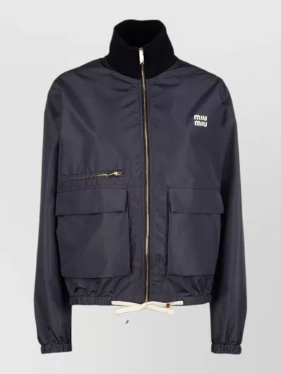 Miu Miu High Collar Coat Front Flap Pockets In Blue