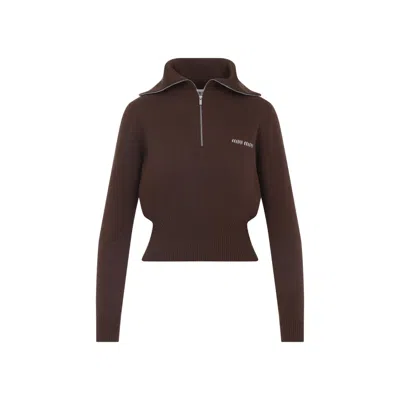 Miu Miu High Collar Half-zip Cashmere Sweater In Brown