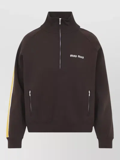 Miu Miu High Collar Knit Sweater Side Stripes In Brown