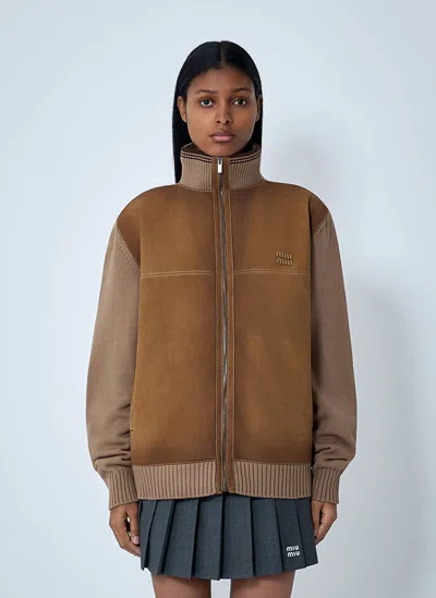Miu Miu High Neck Suede-panel Jacket In Brown