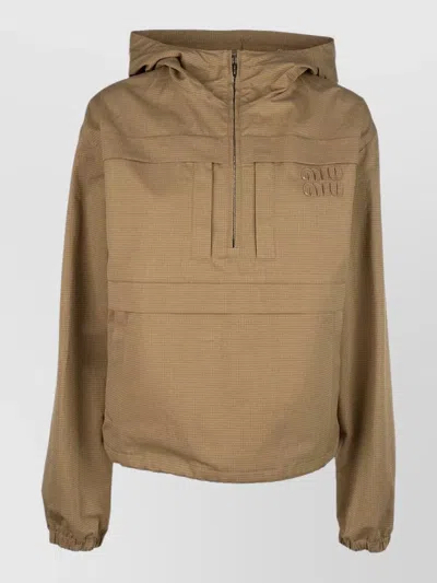 Miu Miu Hooded Coat Elastic Cuffs Front Pocket In Brown