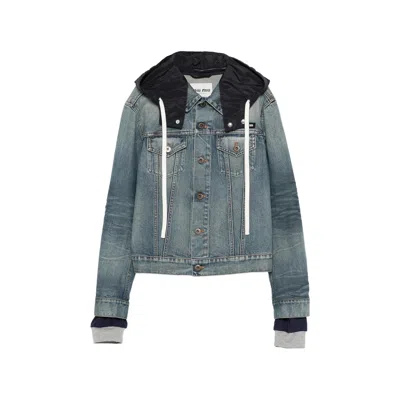 Miu Miu Hooded Denim Jacket In Gray