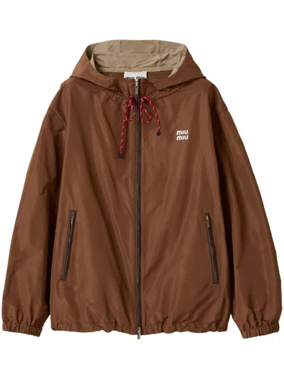 Miu Miu Technical Fabric Hoodie Jacket In Brown