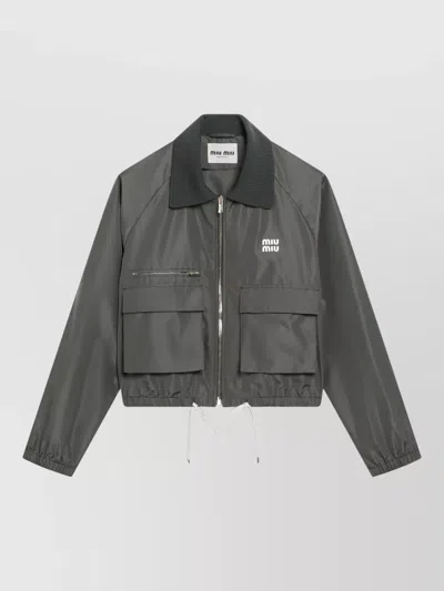 Miu Miu Hooded Jacket Drawstring Hem Front Pockets In Gray