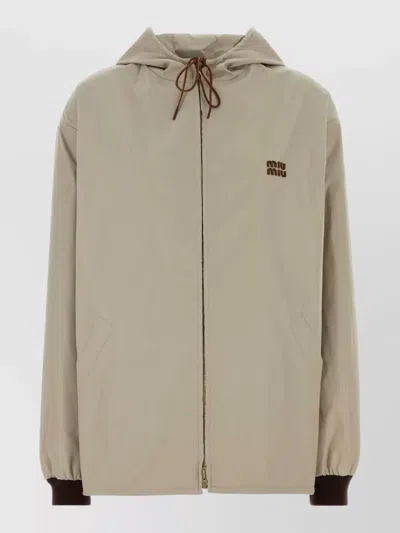 Miu Miu Hooded Jacket Elasticated Cuffs Side Pockets In Neutral