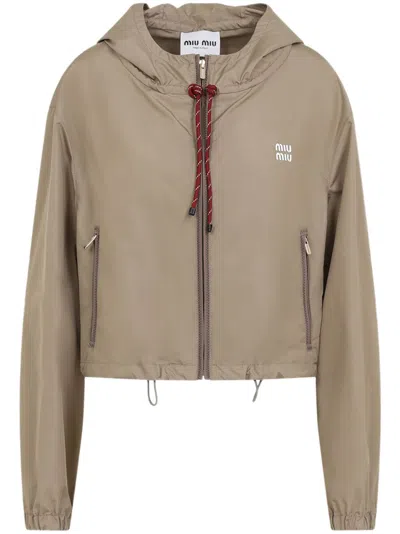 Miu Miu Logo Zip-up Jacket In Grey