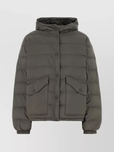 Miu Miu Hooded Quilted Down Jacket And Pockets In Gray