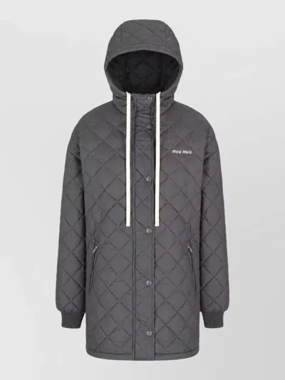 Miu Miu Hooded Quilted Long Sleeve Coat Zipper Pockets In Gray