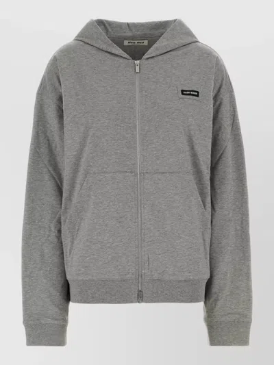 Miu Miu Hooded Sweatshirt Long Sleeves Ribbed Trims In Gray