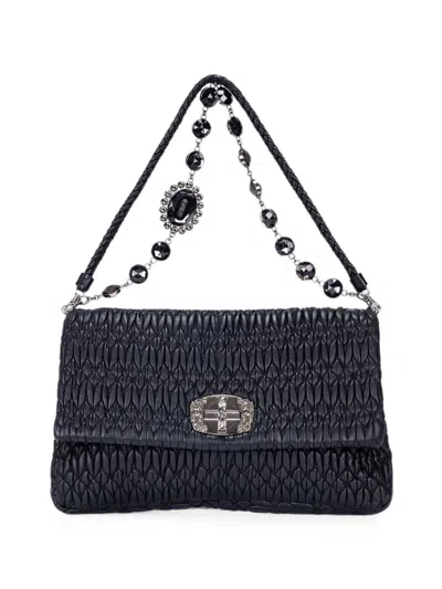 Pre-owned Miu Miu Iconic Crystal Cloqué Matelassé Crystal-embellished Tote Bag In Black