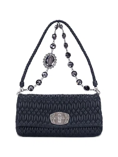 Pre-owned Miu Miu Iconic Crystal Cloqué Matelassé Shoulder Bag In Black