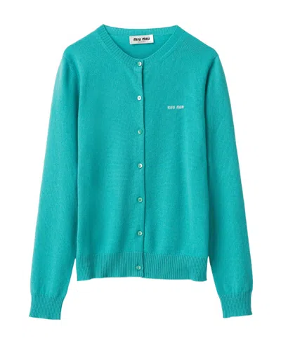 Miu Miu Intarsia-knit Cashmere Cardigan In Green