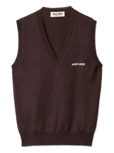 Miu Miu Logo Virgin Wool Sweater Vest In Brown