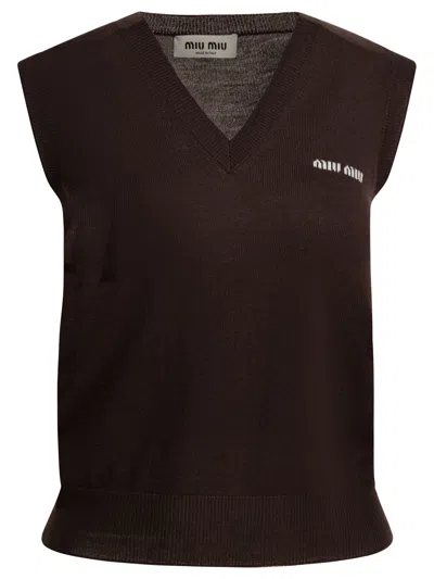 Miu Miu Intarsia-logo V-neck Vest In Brown
