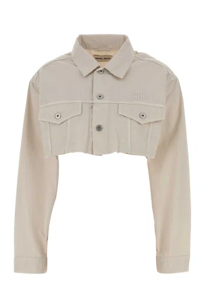 Miu Miu Denim Shirt Long Sleeves Collared Neck In Neutral