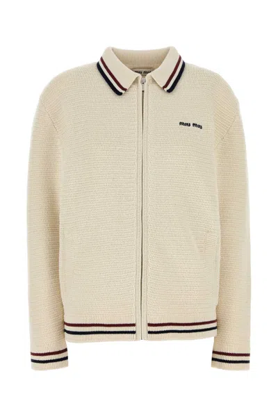 Miu Miu Ivory Stretch Crochet Cardigan In Neutral