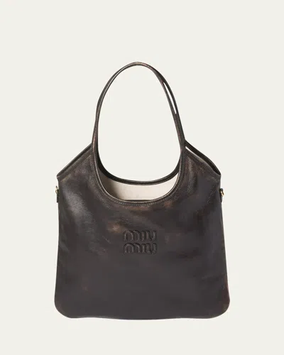 Miu Miu Ivy Aged Nappa Leather Tote Bag In Coffee