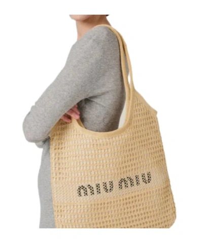Miu Miu Ivy Bag In Linen And Raffia-effect Fabric In Nude