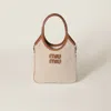 Miu Miu Ivy Canvas And Leather Bag In Beige/brandy