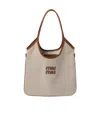 Miu Miu Ivy Canvas And Leather Bag In Nude