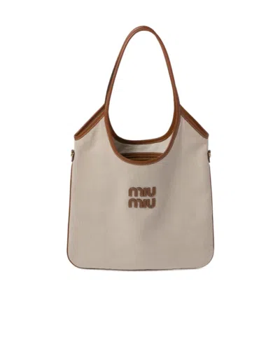 Miu Miu Ivy Canvas And Leather Bag In Nude