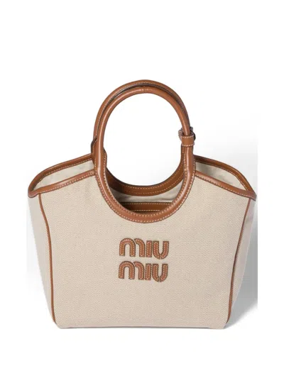 Miu Miu Ivy Canvas And Leather Tote Bag In Brown
