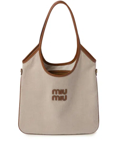 Miu Miu Ivy Canvas Tote Bag In Naturale+brandy