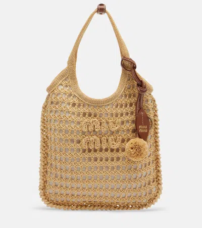 Miu Miu Ivy Crochet Raffia Shoulder Bag In Brown