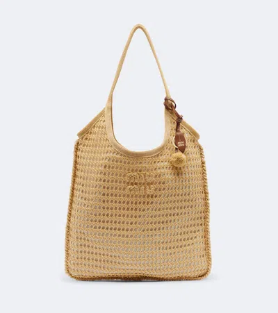 Miu Miu Ivy Crochet Raffia Tote Bag In Beige