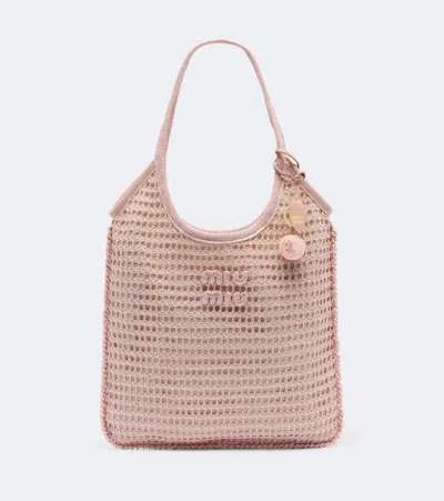Miu Miu Ivy Crochet Raffia Tote Bag In Pink