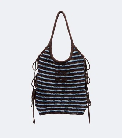 Miu Miu Ivy Crochet Striped Tote Bag In Blue
