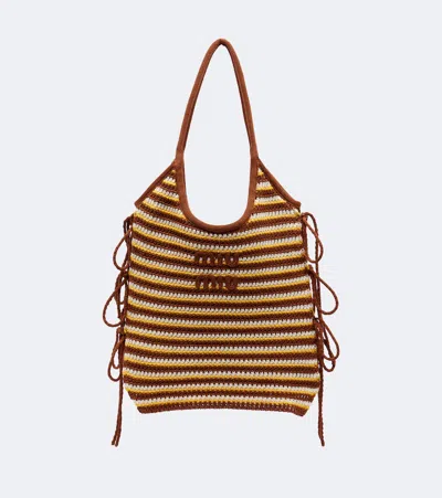 Miu Miu Ivy Crochet Striped Tote Bag In Brown