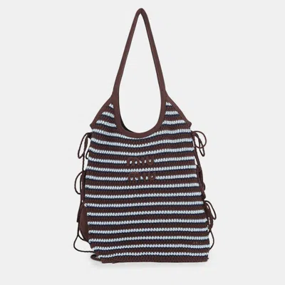 Pre-owned Miu Miu Ivy Crochet Tote Bag Cocoa Brown/celeste Blue Cotton