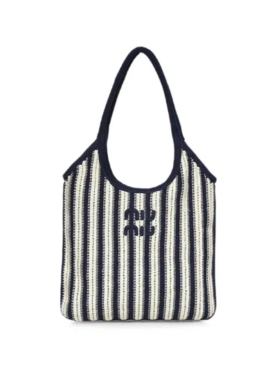 Miu Miu Ivy Crocheted Striped Tote Bag In Blue