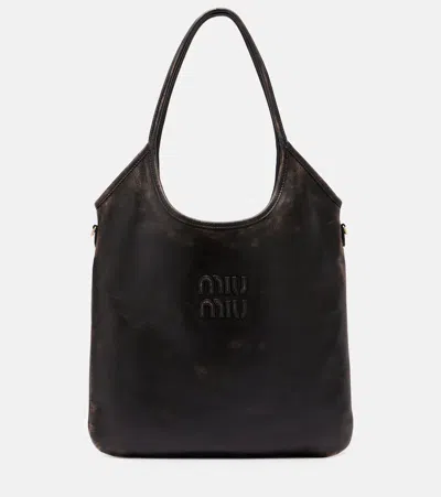 Miu Miu Ivy Distressed Leather Shoulder Bag In Brown