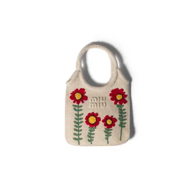 Miu Miu Ivy Embroidered Cotton Handbag In Brown