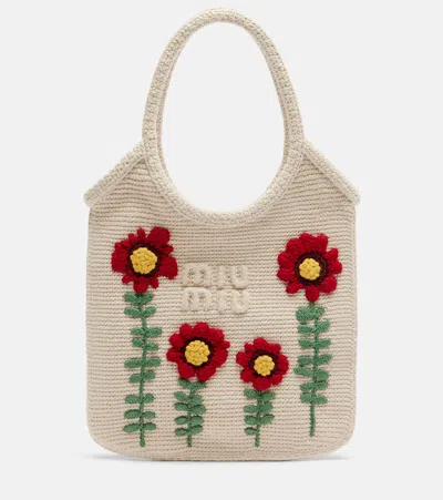 Miu Miu Ivy Embroidered Crochet Tote Bag In Sand