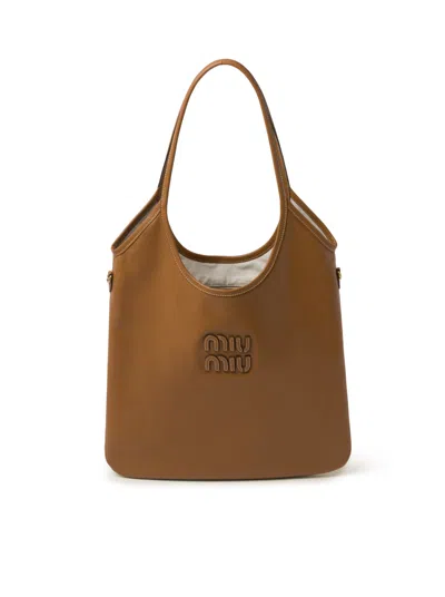 Miu Miu Ivy Shopper Mit Logo-applikation In Cognac