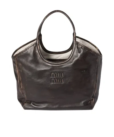 Miu Miu Ivy Leather Tote Bag In Brown