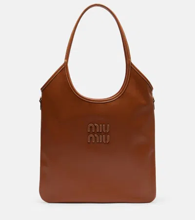 Miu Miu Ivy Leather Tote Bag In Brown