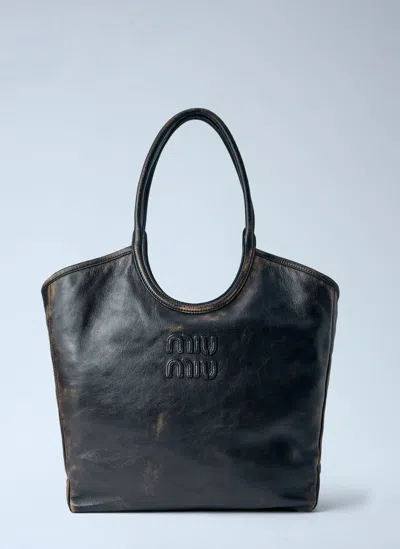Miu Miu Ivy Leather Tote Bag In Black