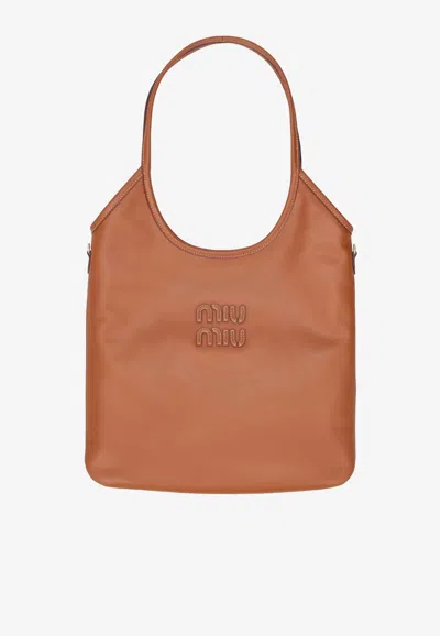Miu Miu Ivy Leather Tote Bag In Brown