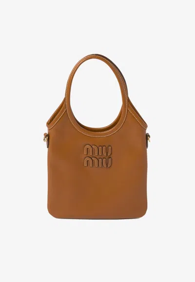 Miu Miu Ivy Leather Tote Bag In Brown