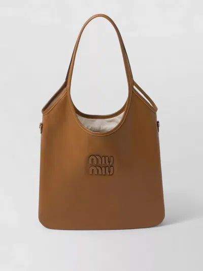 Miu Miu Ivy Leather Tote Bag Double Handles In Brown